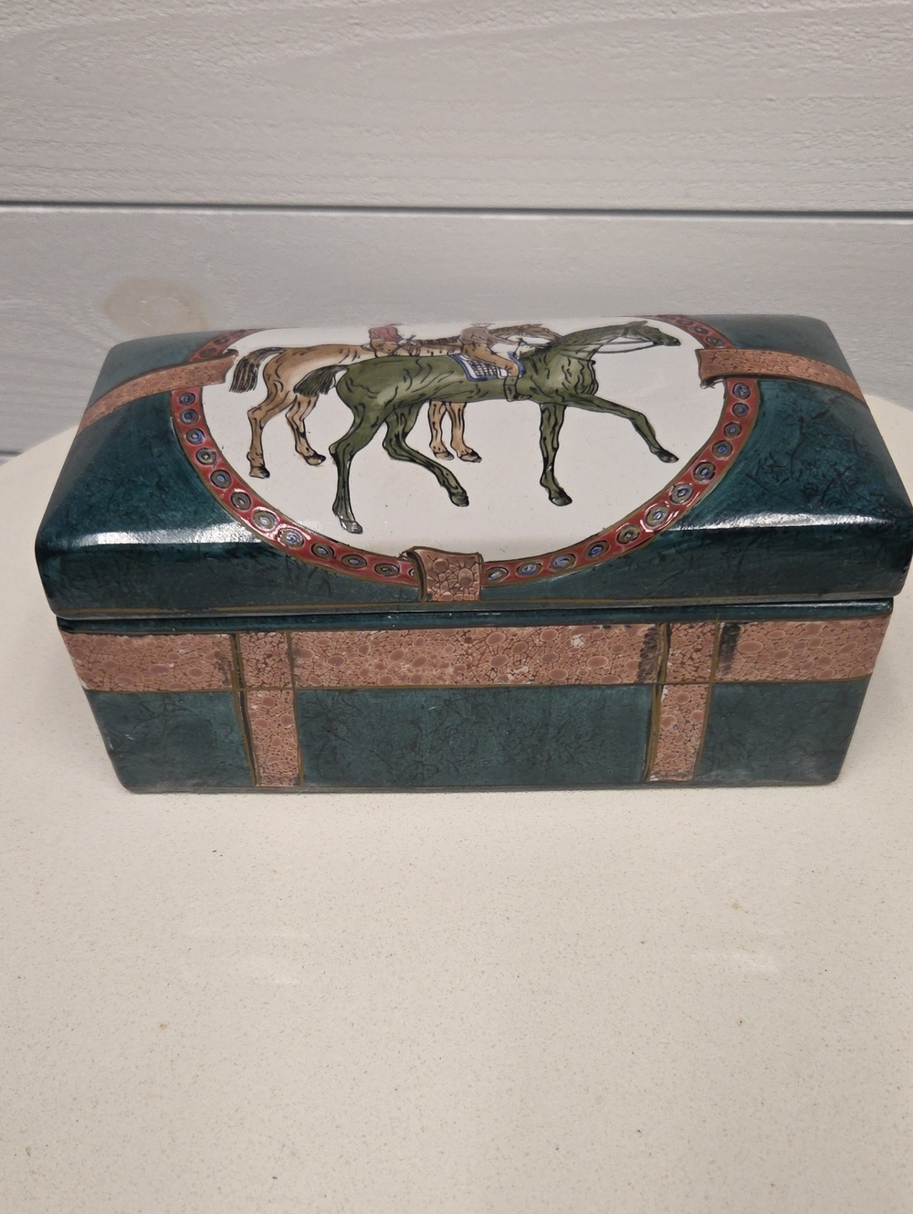 Vintage Teal and Copper Equestrian Trinket Box with Horse Motif